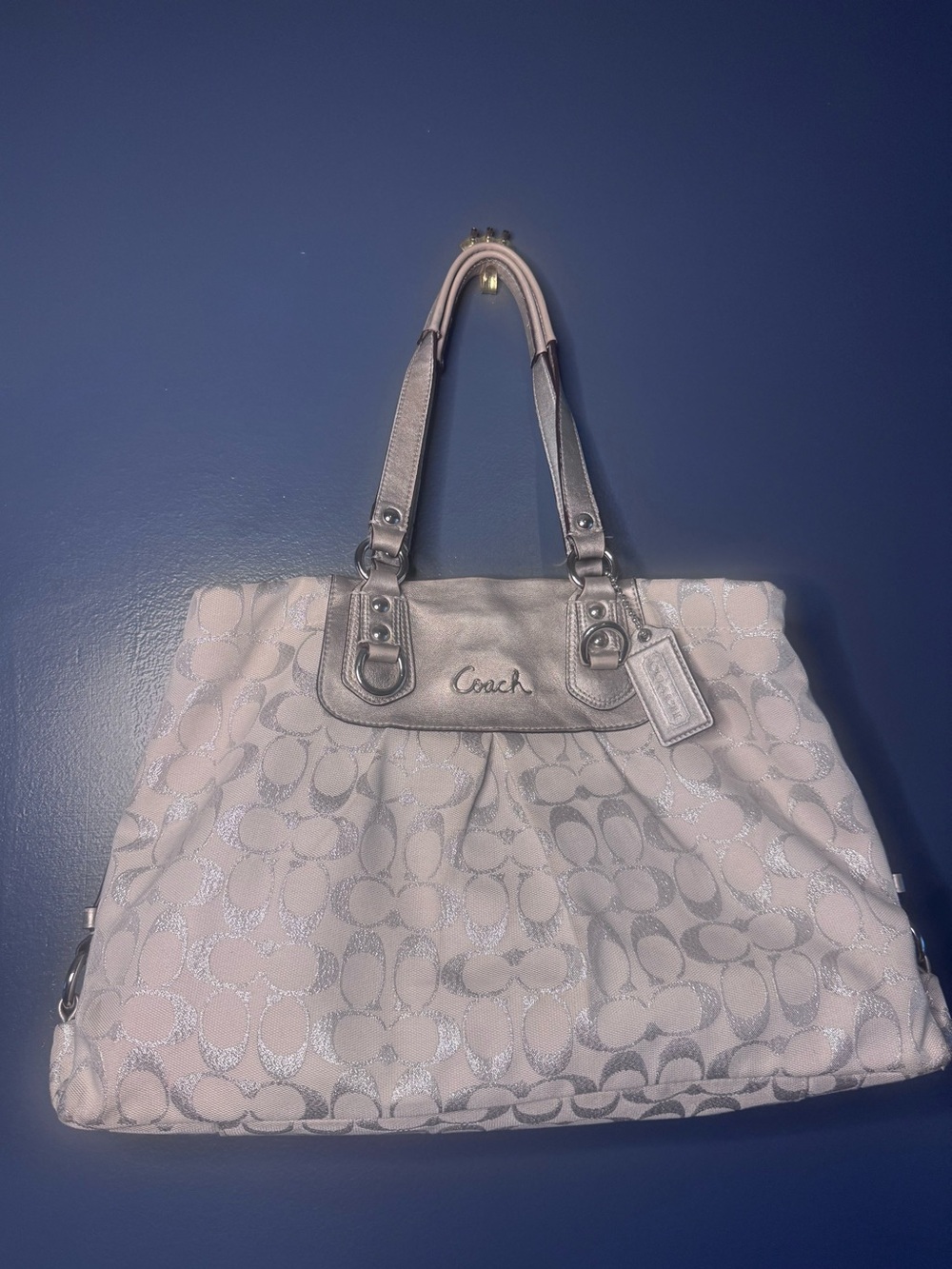 Coach Silver Signature Ashley Glitter Tote Bag. Silver/ gray purse handbag